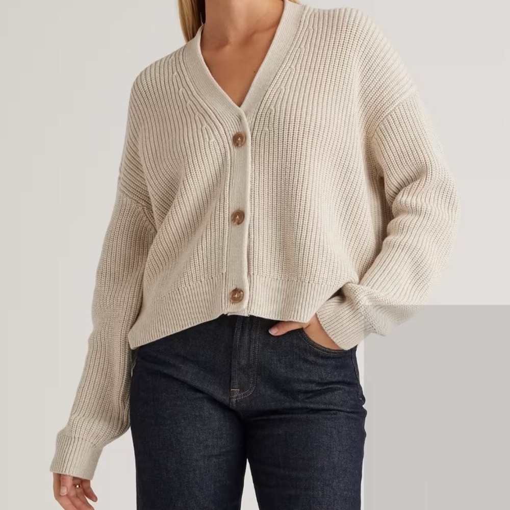 Quince 100% organic cotton fisherman boxy cropped cardigan - speckled beige